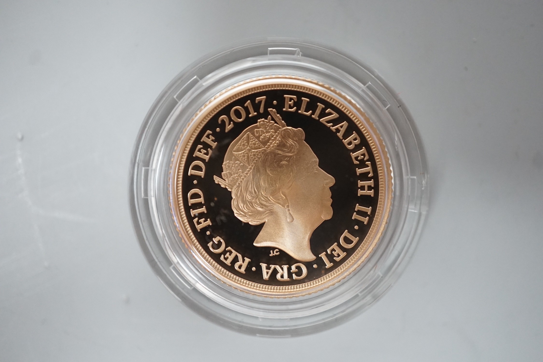 An Elizabeth II 2017 UK Pistrucci Bicentenary Gold Proof Sovereign, with box and certificate.